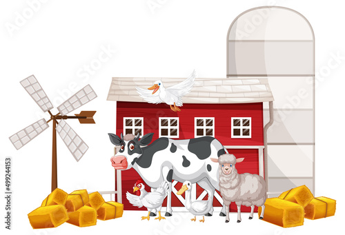 Many farm animals and red barn