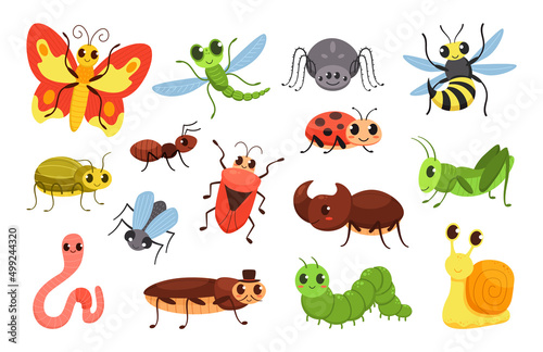 Cartoon insects. Happy bugs, cute little beetle and smiled caterpillar. Wildlife insect vector Illustration set