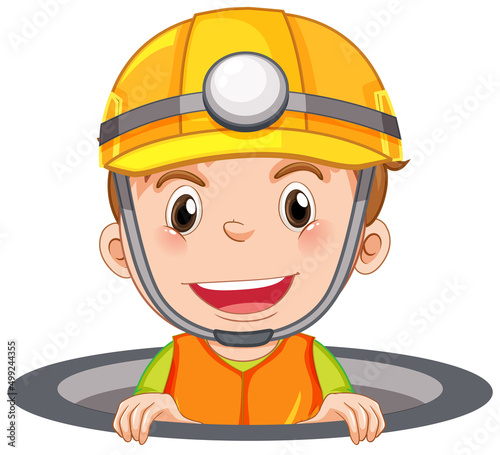 Happy boy in hole wearing safety hat