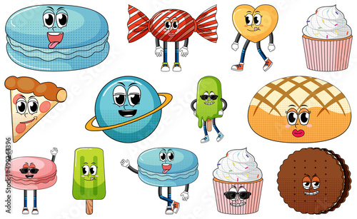 Set of facial expression with vintage style food cartoon on white background