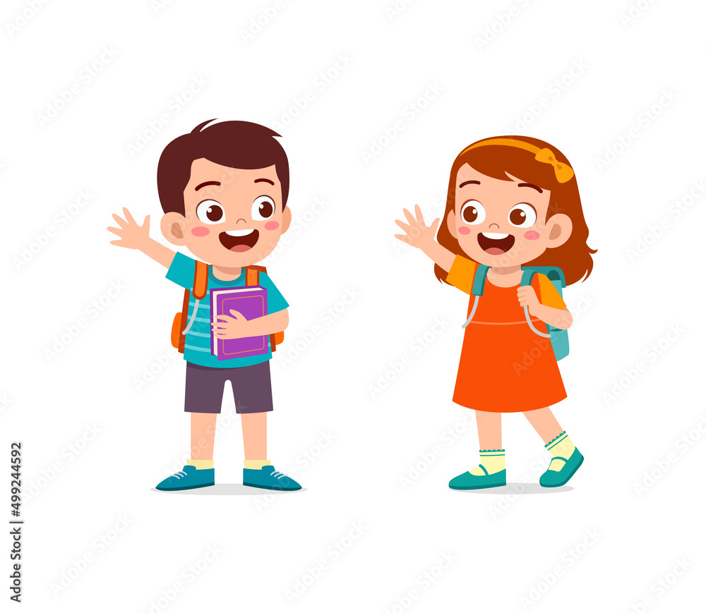 little kid say hello to friend and go to school together