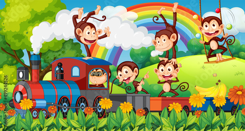 Monkeys riding the train in garden