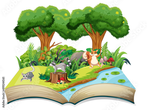 Opened fantasy book with cute animals