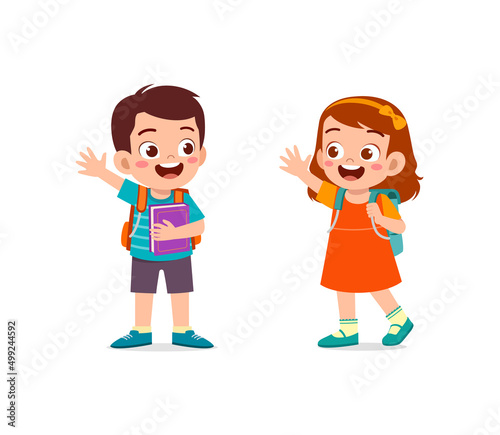 little kid say hello to friend and go to school together photo