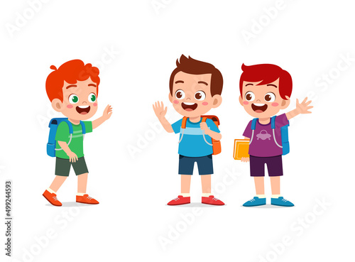little kid say hello to friend and go to school together