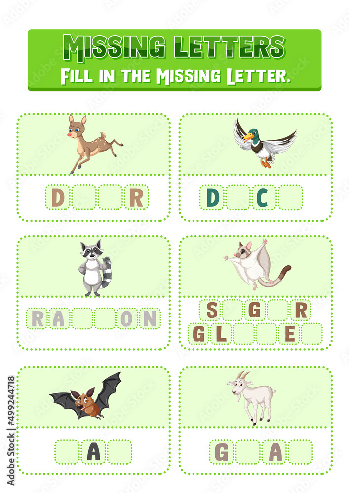 Fototapeta premium Fill the missing letter of each word worksheet for children