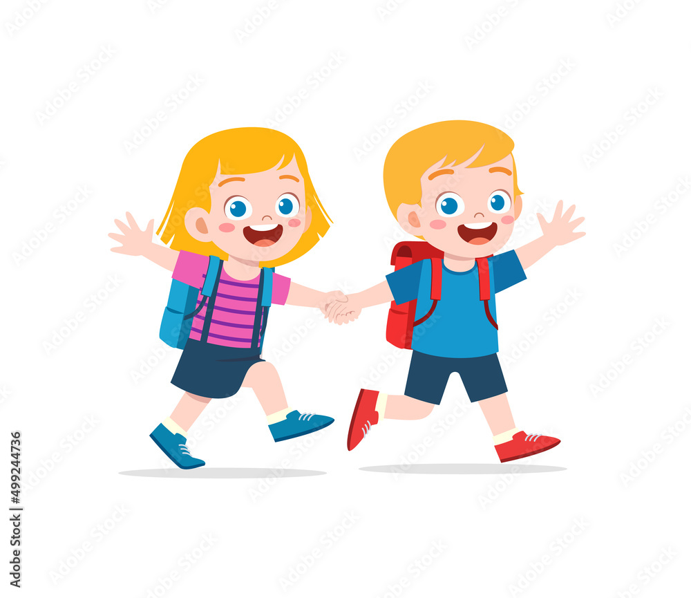 cute kid go to school with friend together