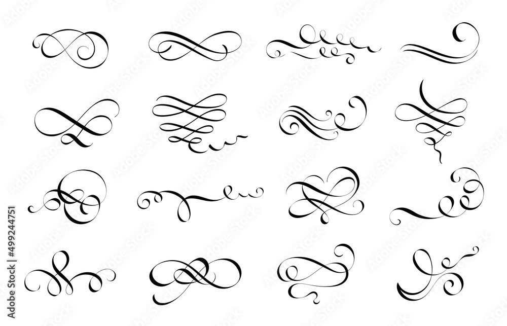 Calligraphy flourish. Letter swirl, pointed pen lettering ornaments and calligraphic lines vector set - obrazy, fototapety, plakaty 