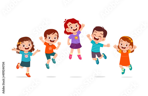 little kids jump together and feel happy