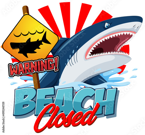 Font design for beach closed with shark in ocean