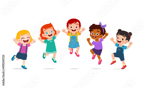 little kids jump together and feel happy
