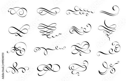 Calligraphy flourish. Letter swirl, pointed pen lettering ornaments and calligraphic lines vector set photo