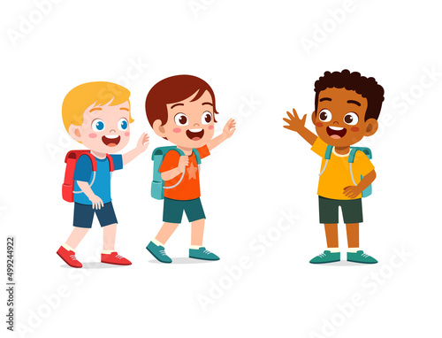 little kid say hello to friend and go to school together
