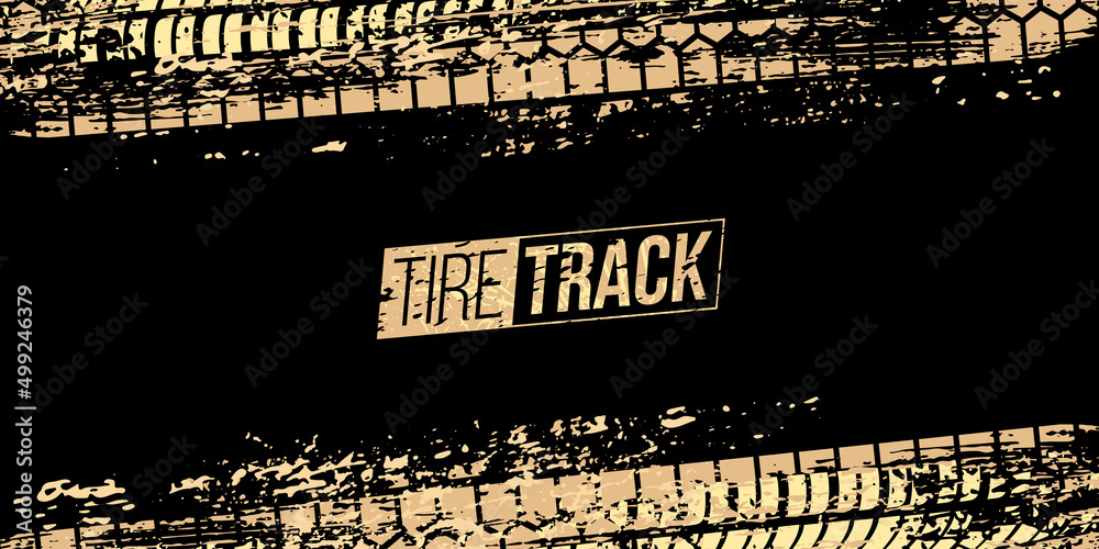 Tire track text and grunge trace gold pattern, abstract print texture from rubber wheel