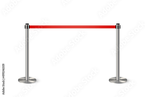 Metal column barrier with red rope. Silver luxury VIP design element for exhibition pavilion, auto show, theatre and cinema premier, winner reward ceremony. Guard object isolated on white background.