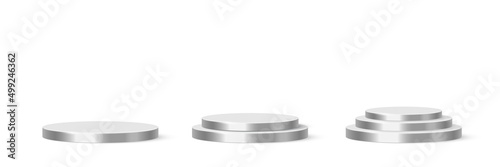 3d circle podium set for product presentation, silver platforms with one, two and three steps