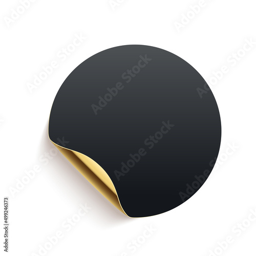 Black round paper sticker vector illustration. Realistic 3d curl page with golden rolled corner of circle shape, decoration element with shadow isolated on white background.