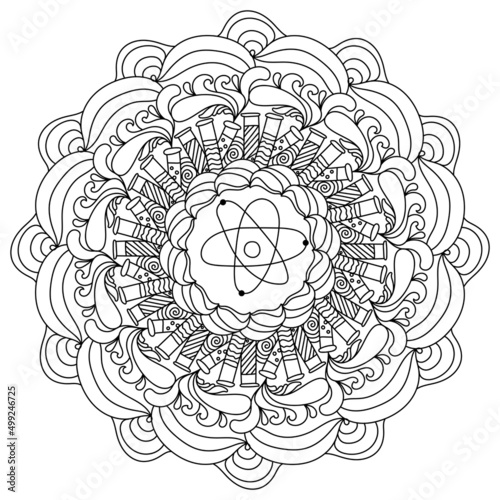 Contour mandala on a scientific theme, meditative coloring page with a set of test tubes and ornate patterns