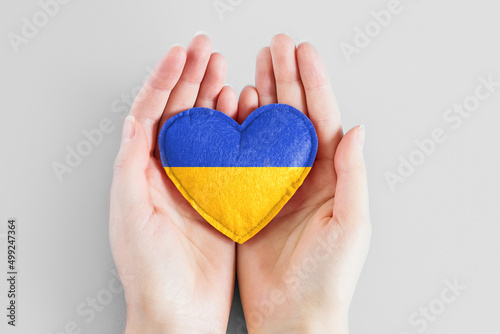 Pray for Ukraine. Female hands hold a heart with the flag of ukraine isolated on a blue background. Peace in Ukraine concept