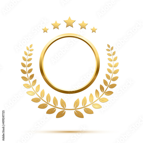 Gold round frame, stars and circular wreath from olive leaf, 3d golden anniversary medal