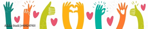 Illustration of people's hands with hearts raised up, hand-drawn illustration