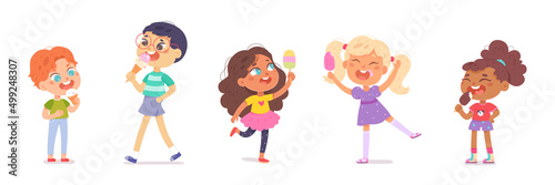 Cute kids eating ice cream set, girl and boy holding gelato in cone, popsicle or sorbet