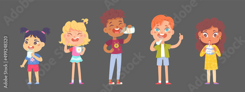 Kids drink milk set, boy and girl holding glass or bottle with beverage full of calcium