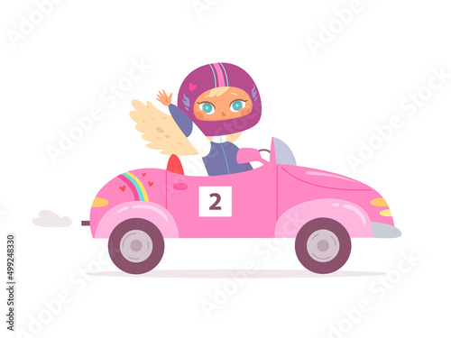 Funny cute little girl in safety helmet driving speed toy pink car and waving to fans