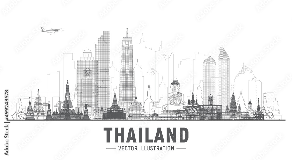 Naklejka premium Thailand cities line skyline silhouette vector illustration on white background. Business travel and tourism concept with famous Thailand landmarks. Image for presentation, banner, website. 