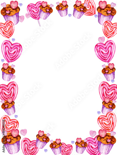 border with muffin, candy, heart to Valentine day theme, watercolour hand draw, pink and lilac colour on white background