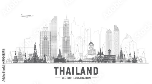 Thailand cities line skyline silhouette vector illustration on white background. Business travel and tourism concept with famous Thailand landmarks. Image for presentation, banner, website. 