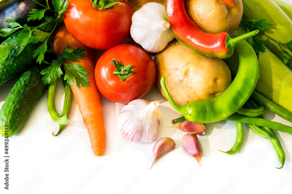 Fresh vegetables on a white background. Organic food for people.