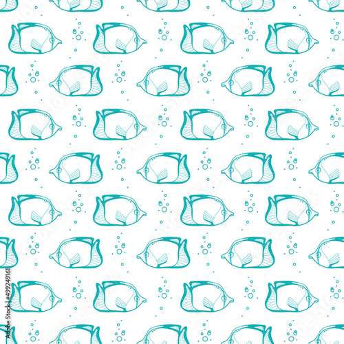 Seamless pattern with simple fishes and bubbles in doodle style. Vector marine background. Print for textiles, wrapping paper, wallpaper.