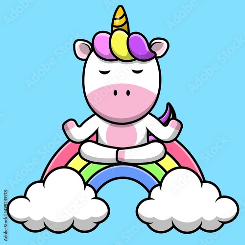 Cute Unicorn Meditating On Rainbow Cartoon Vector Icon Illustration. Animal Sport Icon Concept Isolated Premium Vector.