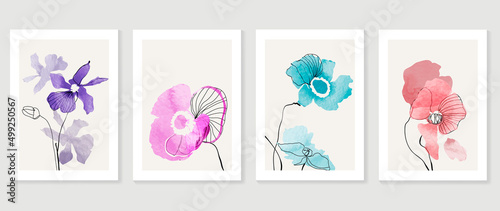 Abstract floral wall art template. Set of botanical hand drawn wall decoration with flowers, leaves, wildflower. Colorful watercolor texture design for wallpaper, banner, prints, interior, poster.