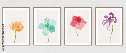 Abstract floral wall art template. Set of botanical hand drawn wall decoration with flowers, leaves, wildflower. Colorful watercolor texture design for wallpaper, banner, prints, interior, poster.