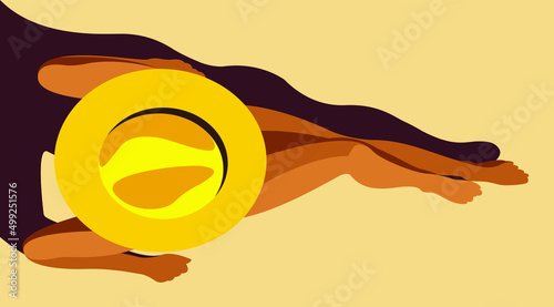 vector image on the theme of summer holidays.a beautiful young tanned girl in a yellow swimsuit with a hat is sunbathing on the beach.useful for advertising summer vacantions, resorts, hotels, beaches