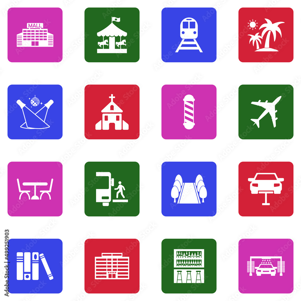 Places Icons. White Flat Design In Square. Vector Illustration. Places Icons. White Flat Design In Square. Vector Illustration.
