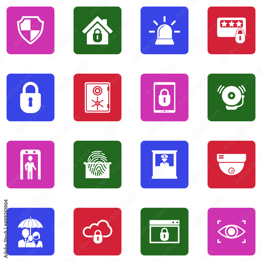 Protection And Security Icons. White Flat Design In Square. Vector Illustration. Protection And Security Icons. White Flat Design In Square. Vector Illustration.