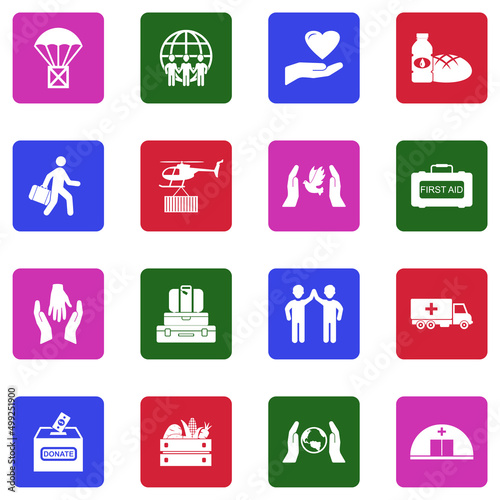 Humanitarian Aid Icons. White Flat Design In Square. Vector Illustration.