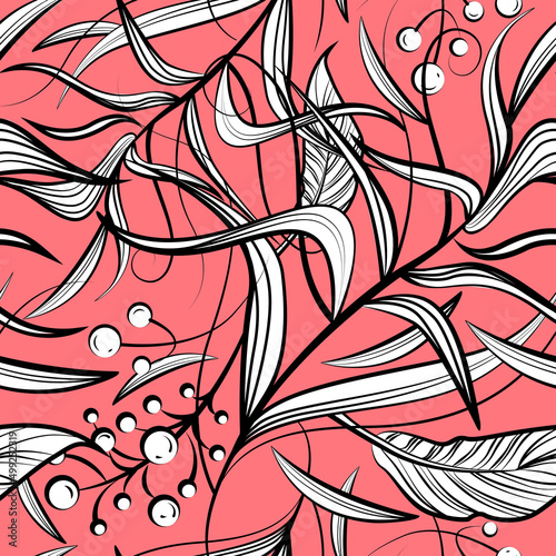 Floral seamless pattern with black and white flowers, leafs, berries. Vector line art for coloring book design, fashion, textile, greeting cards, gift wrapping paper, scrapbooking. Coral background