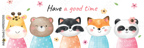 Draw vector illustration character design banner portrait bear raccoon fox panda Cute animal Watercolor style