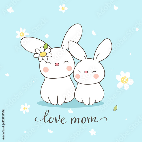 Draw vector baby bunny mom with flower for mother day