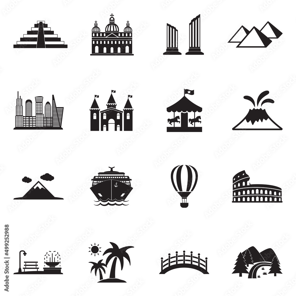 Tourist Attractions Icons. Black Flat Design. Vector Illustration.