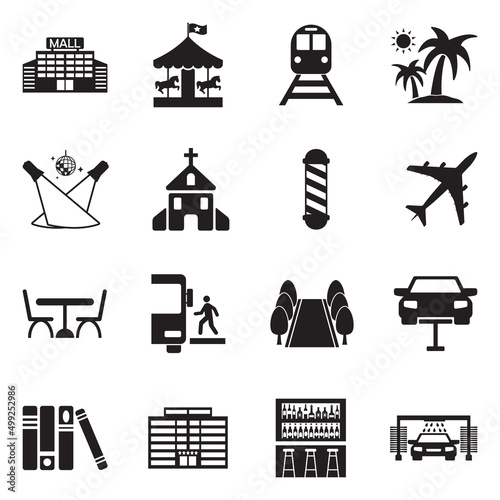 Places Icons. Black Flat Design. Vector Illustration.