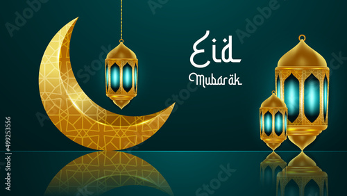 Eid Mubarak Banner with 3d Lamp and 3d Moon 