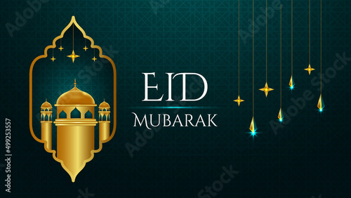 Eid Mubarak Background with 3d Mosque and Islamic Elements 