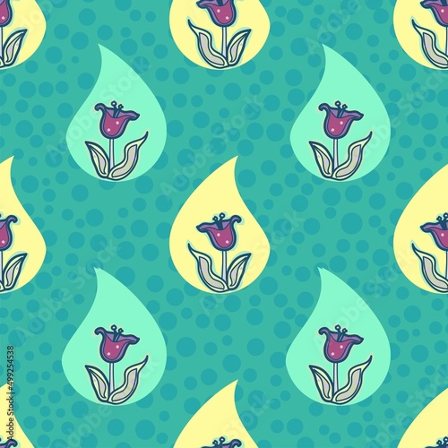 Cute cartoon style flowers in teardrop shapes vector repeat pattern in aqua and lemon on a dotted background
