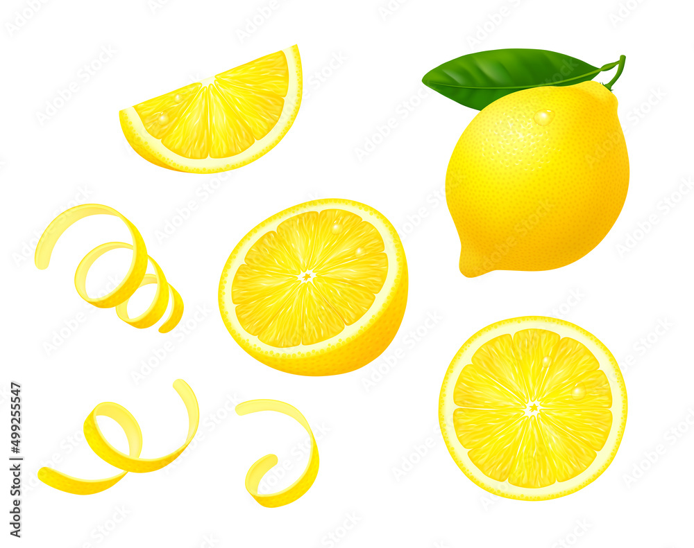 Whole lemon fruit with leaf, slices and twisted zest (peel) isolated on white background. Realistic vector illustration.  - obrazy, fototapety, plakaty 