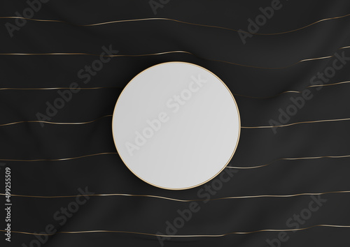 Black, dark gray, black and white 3D rendering luxury product display podium or stand on textile with golden threads simple composition top view flat lay from above